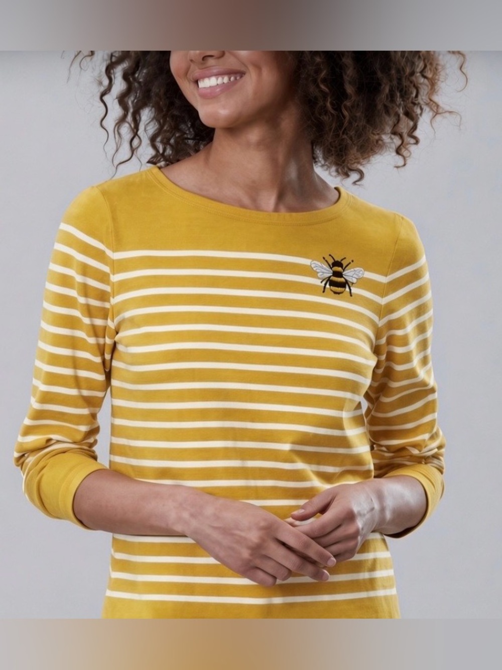 Joules Harbour Embroiderd Bee Stripe Gold/White Tee; EUC, Sz. US 20/UK 24